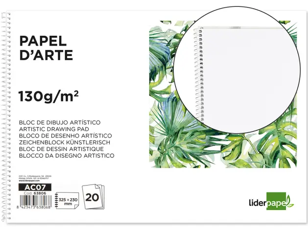 Imagen Bloc dibujo liderpapel artistico espiral 230x325mm 20 hojas 130g/m2 sin recuadro sin microperforado