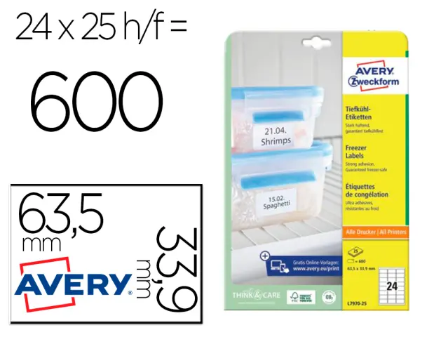 Imagen Etiqueta adhesiva avery para congelador blanca 63,5x33,9 mm ink-jet laser y fotocopiadora pack de 600
