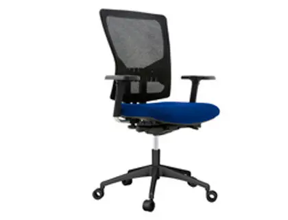 Imagen Silla rocada de oficina con brazos tapizada en tela ingnifuga y respaldo en polimero color azul