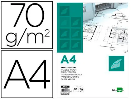 Imagen Papel dibujo liderpapel a4 210x297mm 70g/m2 vegetal sobre de 12 hojas