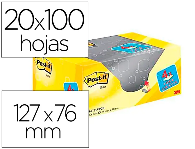 Imagen Bloc de notas adhesivas quita y pon post-it super sticky amarillo canario 76x127 mm pack promocional 20+4 gratis