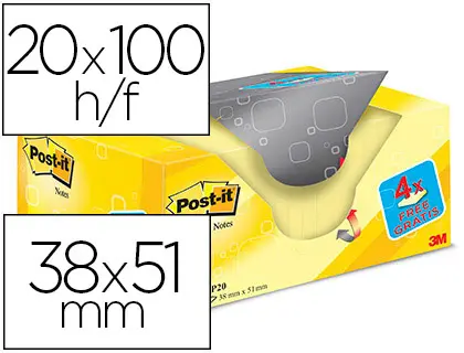 Imagen Bloc de notas adhesivas quita y pon post-it super sticky amarillo canario 38x51 mm pack promocional 20+4 gratis