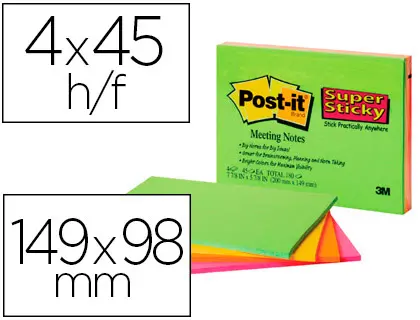 Imagen Bloc de notas adhesivas quita y pon post-it super sticky 149x98 mm con 45 hojas pack de 4 unidades colores neon