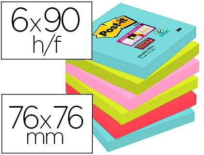 Imagen Bloc de notas adhesivas quita y pon post-it super sticky 76x76 mm con 90 hojas pack de 6 unidades colores miami