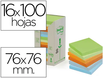 Imagen Bloc de notas adhesivas quita y pon post-it 76x76mm en torrerecicladas pack de 16 blocs 654 colores pastel