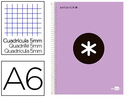 Imagen Cuaderno espiral liderpapel a6 micro antartik tapa forrada100h 100 gr cuadro 5mm 4 bandacolor lila lavanda