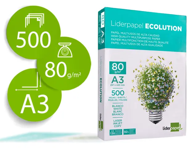 Imagen Papel fotocopiadora liderpapel ecolution din a3 80 gramos paquete de 500 hojas