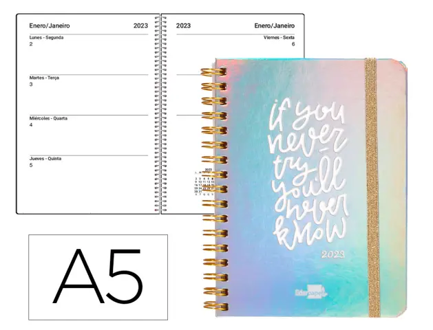 Imagen Agenda doble espiral liderpapel kymolos tapa iridiscente tamao a5 semana vista papel blanco 70g