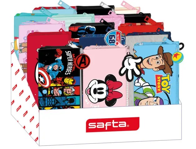 Imagen Bolso escolar portatodo safta triple cremallera expositor de 16 unidades surtidas 195x315x235 mm