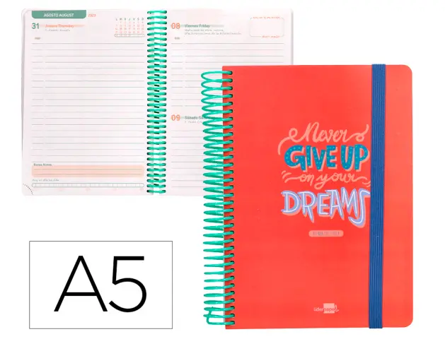Imagen Agenda escolar liderpapel curso 23-24 basic din a5 bilingue dia pagina espiral tapa polipropileno coral