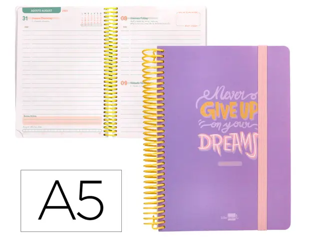 Imagen Agenda escolar liderpapel curso 23-24 basic din a5 bilingue dia pagina espiral tapa polipropileno malva