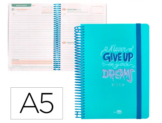 Imagen Agenda escolar liderpapel curso 23-24 basic din a5 bilingue dia pagina espiral tapa polipropileno celeste