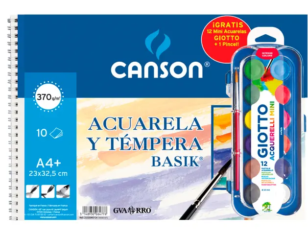 Imagen Papel acuarela basik canson din a4+ 23x32,5cm 370 gr pack de 10 hojas + acuarela giotto 12 colores surtidos