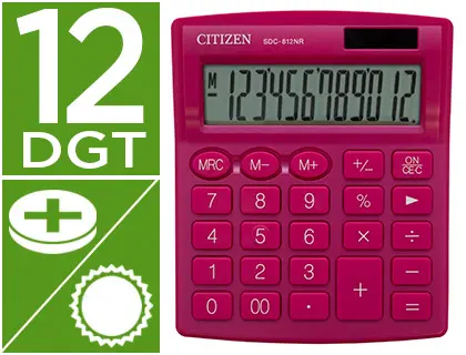 Imagen Calculadora citizen sobremesa sdc-812nrpke eco eficiente solar y a pilas 12 digitos 124x102x25 mm rosa
