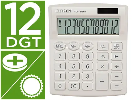 Imagen Calculadora citizen sobremesa sdc-812nrwhe eco eficiente solar y a pilas 12 digitos 124x102x25 mm blanco