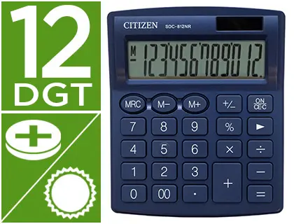 Imagen Calculadora citizen sobremesa sdc-812nrnve eco eficiente solar y a pilas 12 digitos 124x102x25 mm azul